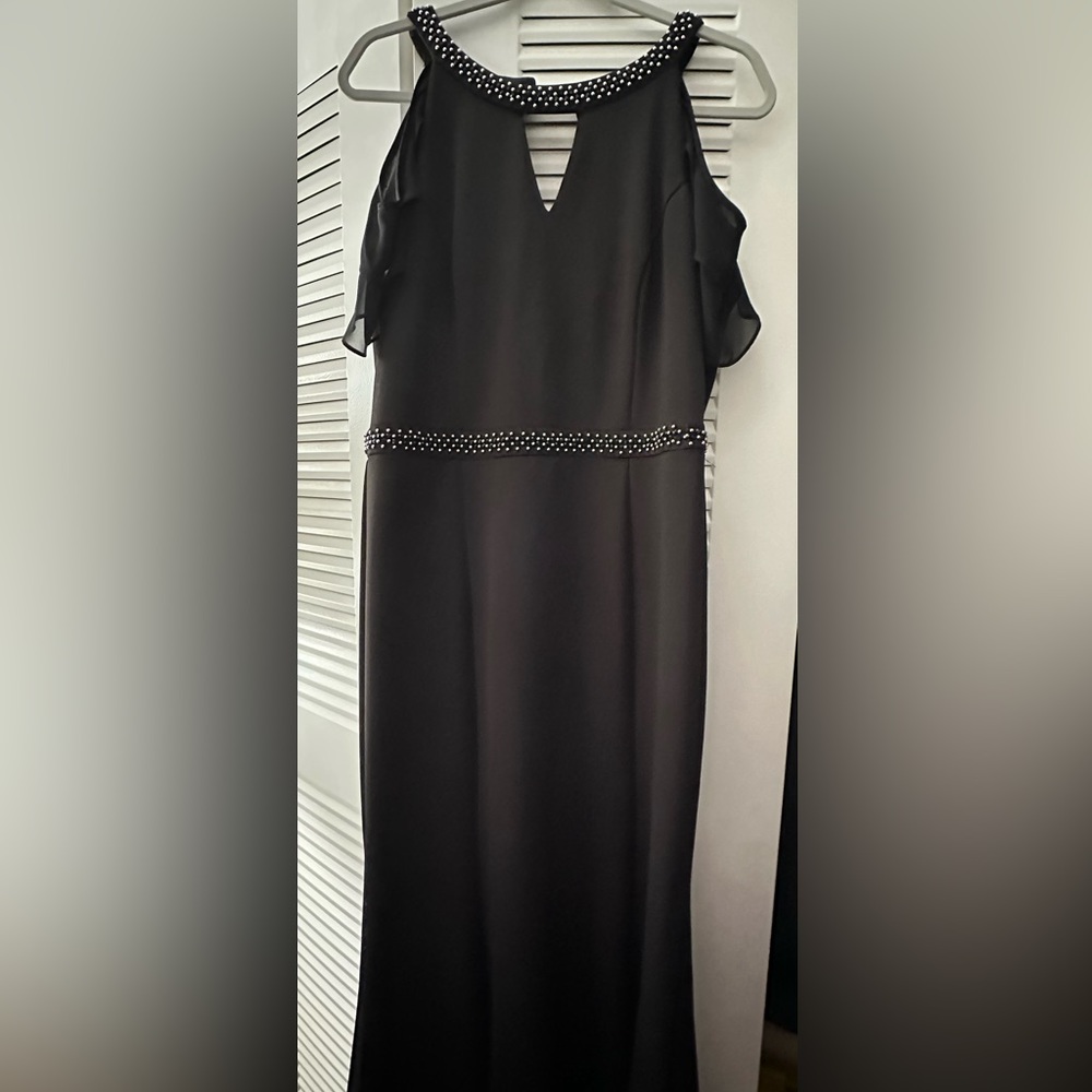 Black Halter Cocktail Dress w/Beaded Neckline and Sheer Sleeve layers